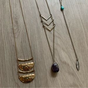 3 Long Boho Necklaces - Amethyst, Turquoise, and Gold